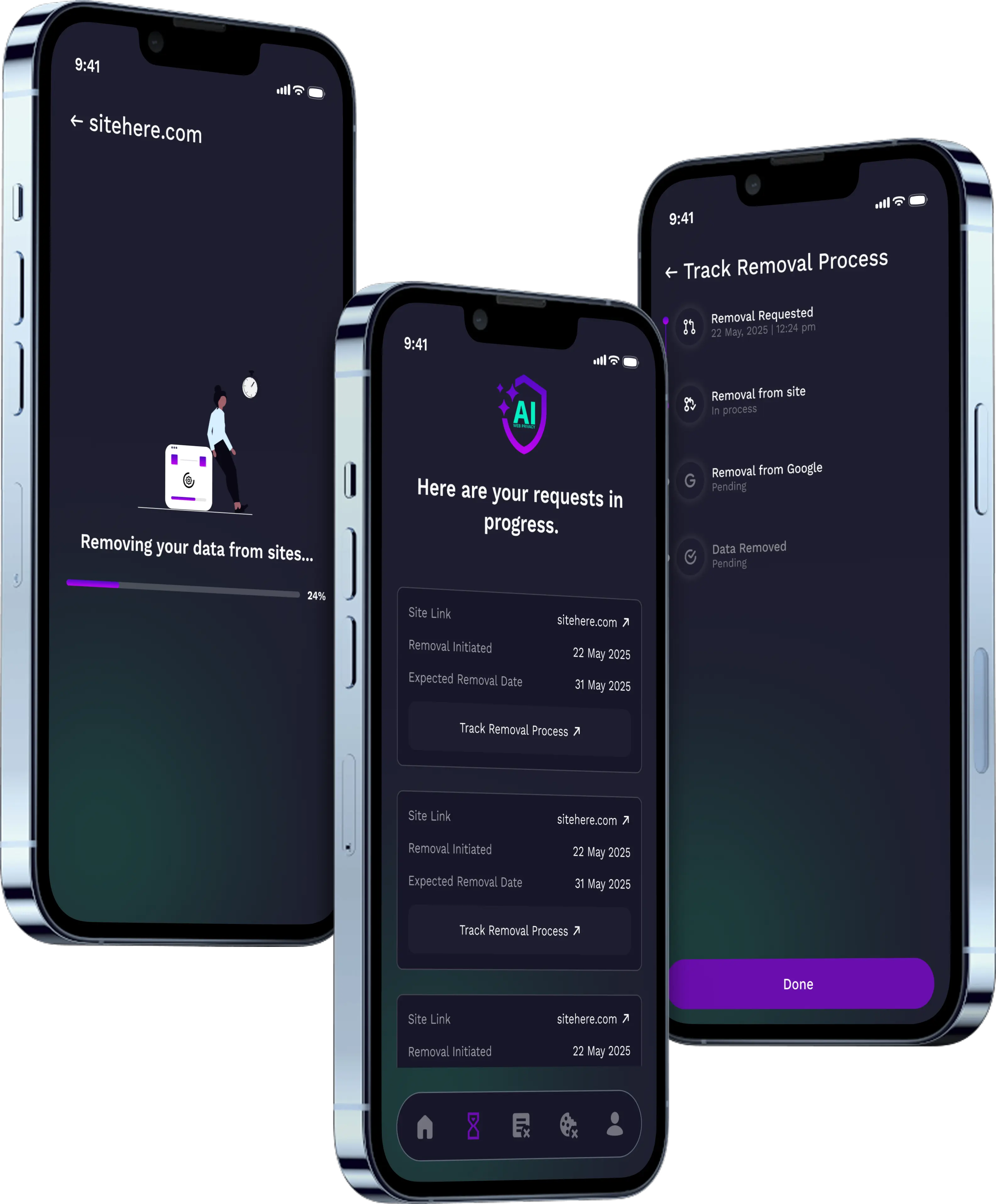 Web Privacy AI call-to-action section showing mobile app screens and options to download from the App Store and Google Play.