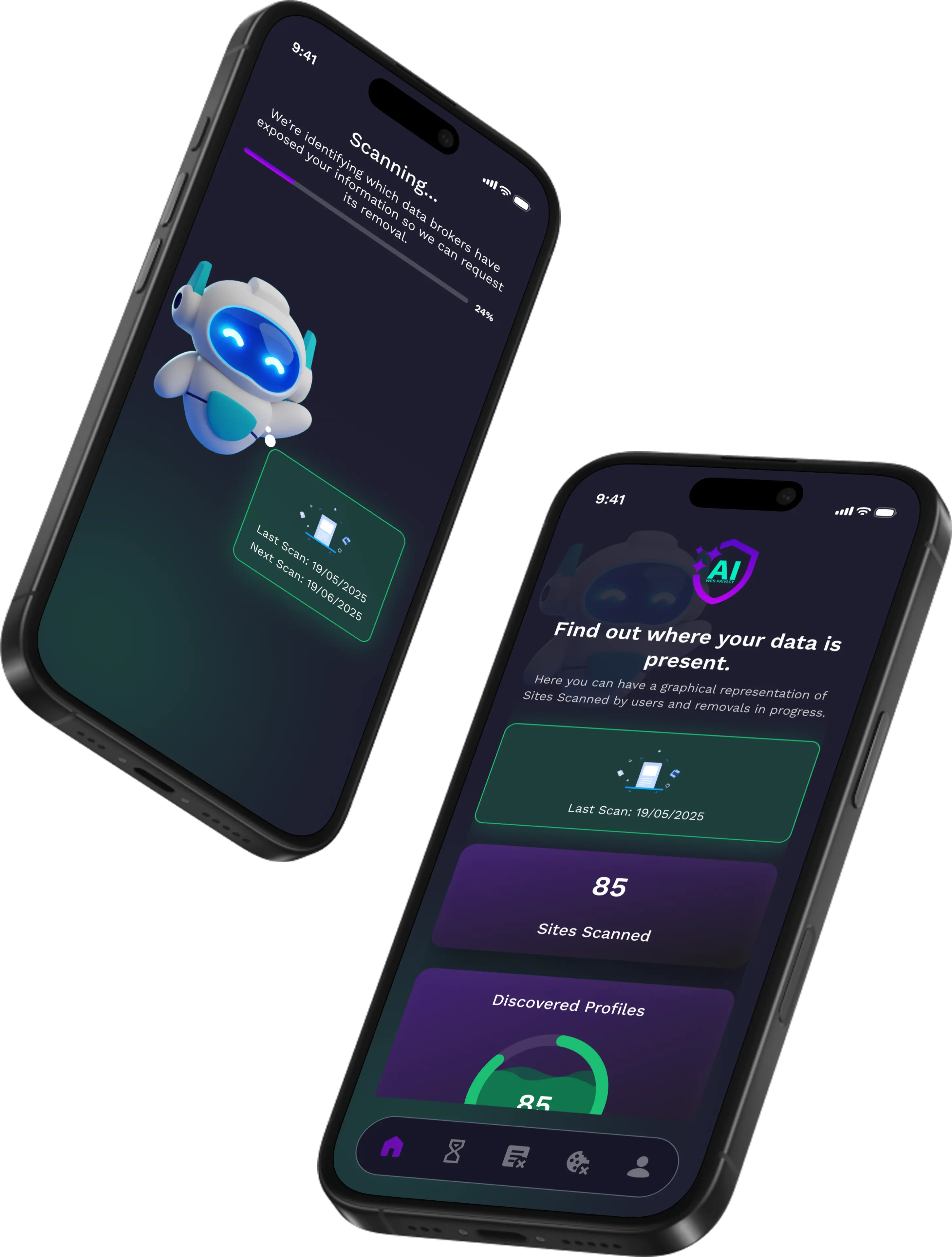 Web Privacy AI homepage promoting personal data removal with app download buttons